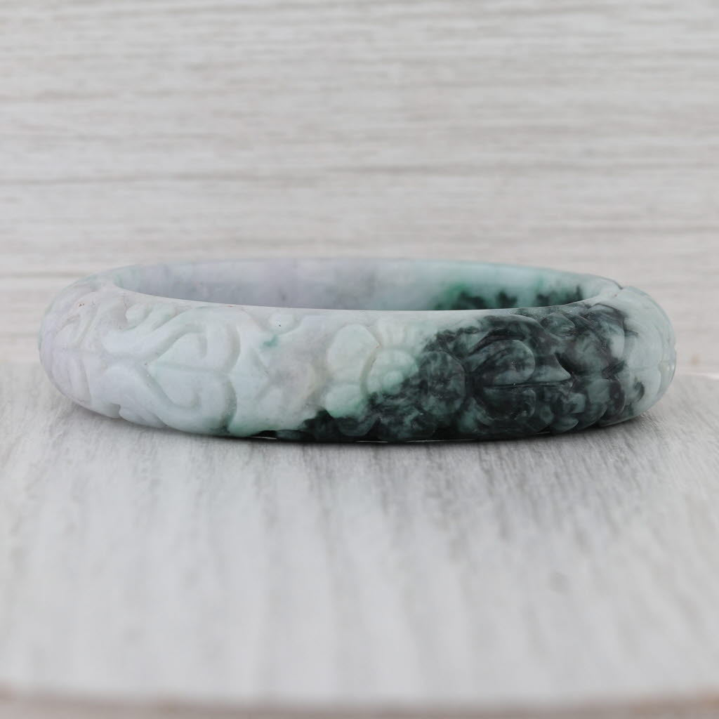 Marbled Green Floral Carved Jadeite Jade Bangle Bracelet 7” 14.2mm Stackable