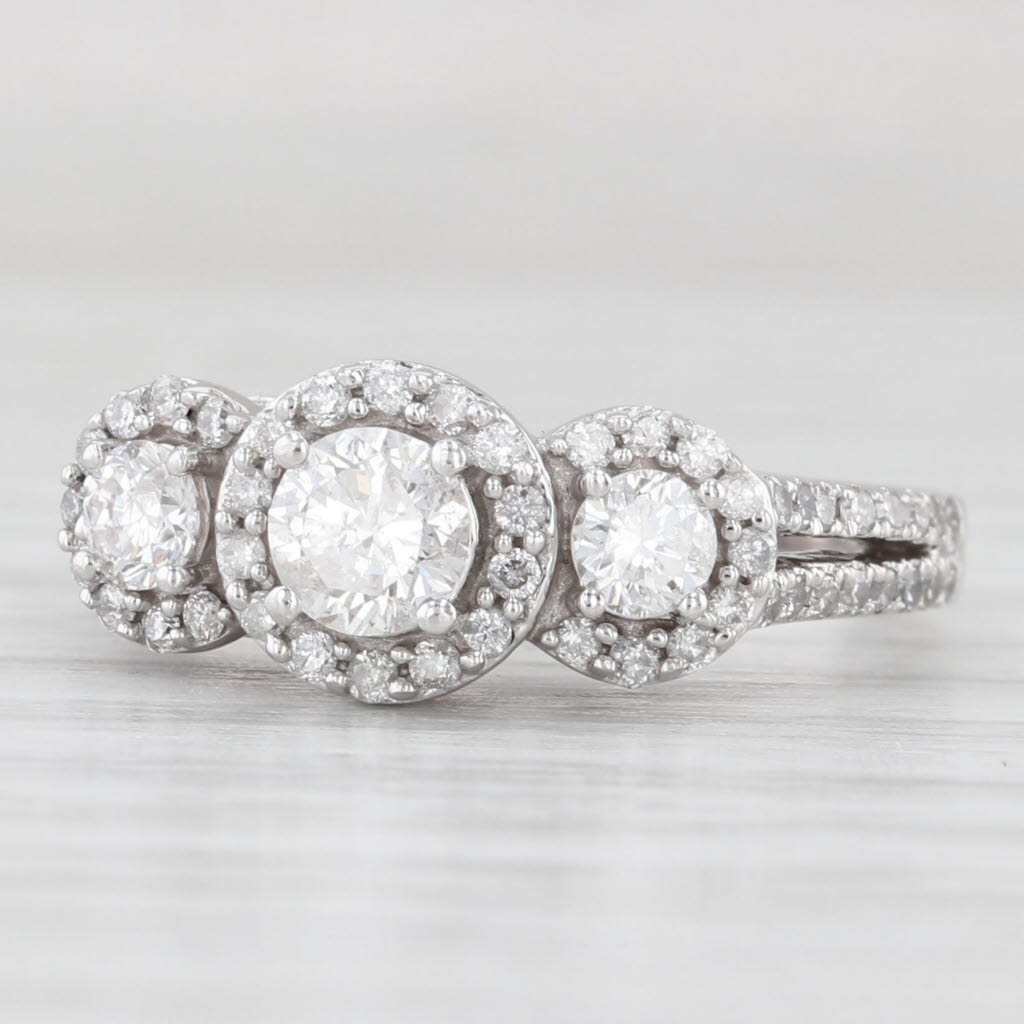 Light Gray 0.97ctw Diamond 3-Stone Halo Engagement Ring 14k White Gold Size 5.75