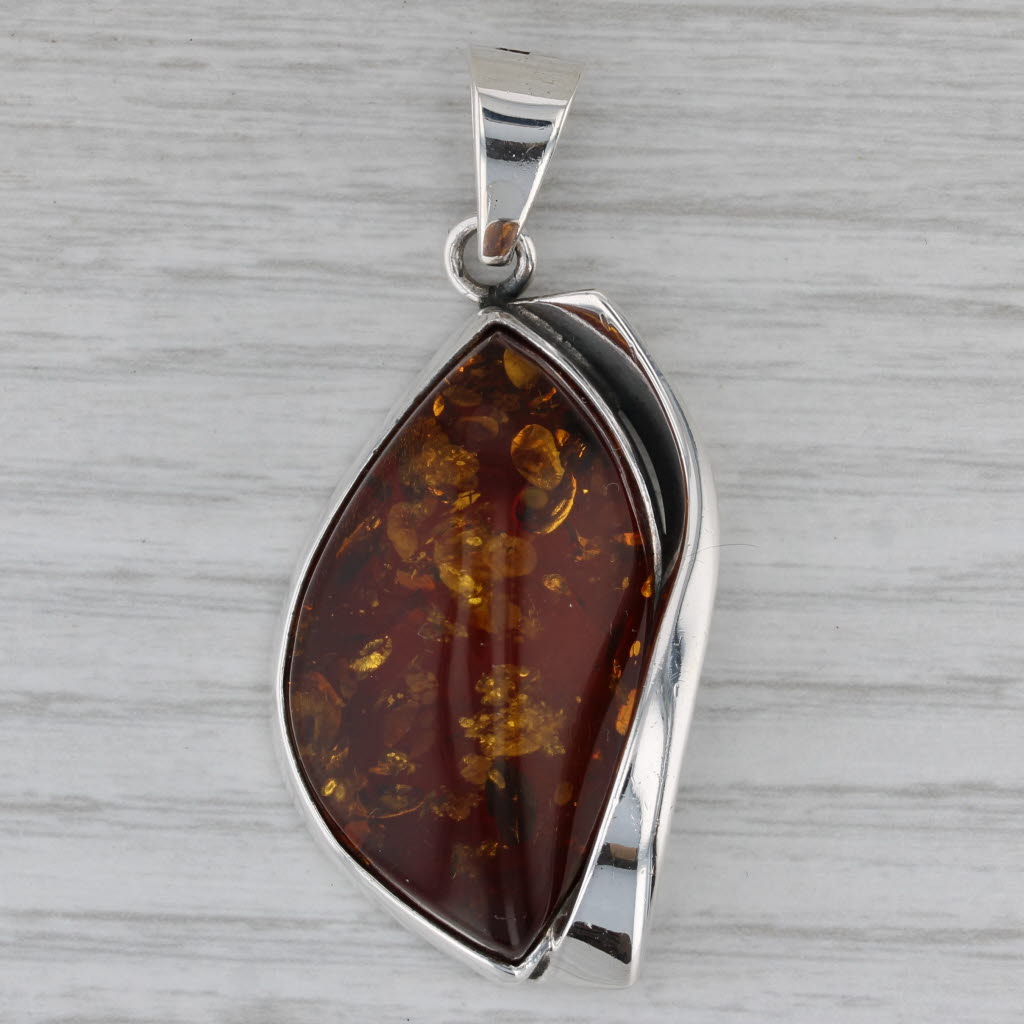 Gray Navette Amber Statement Pendant Sterling Silver