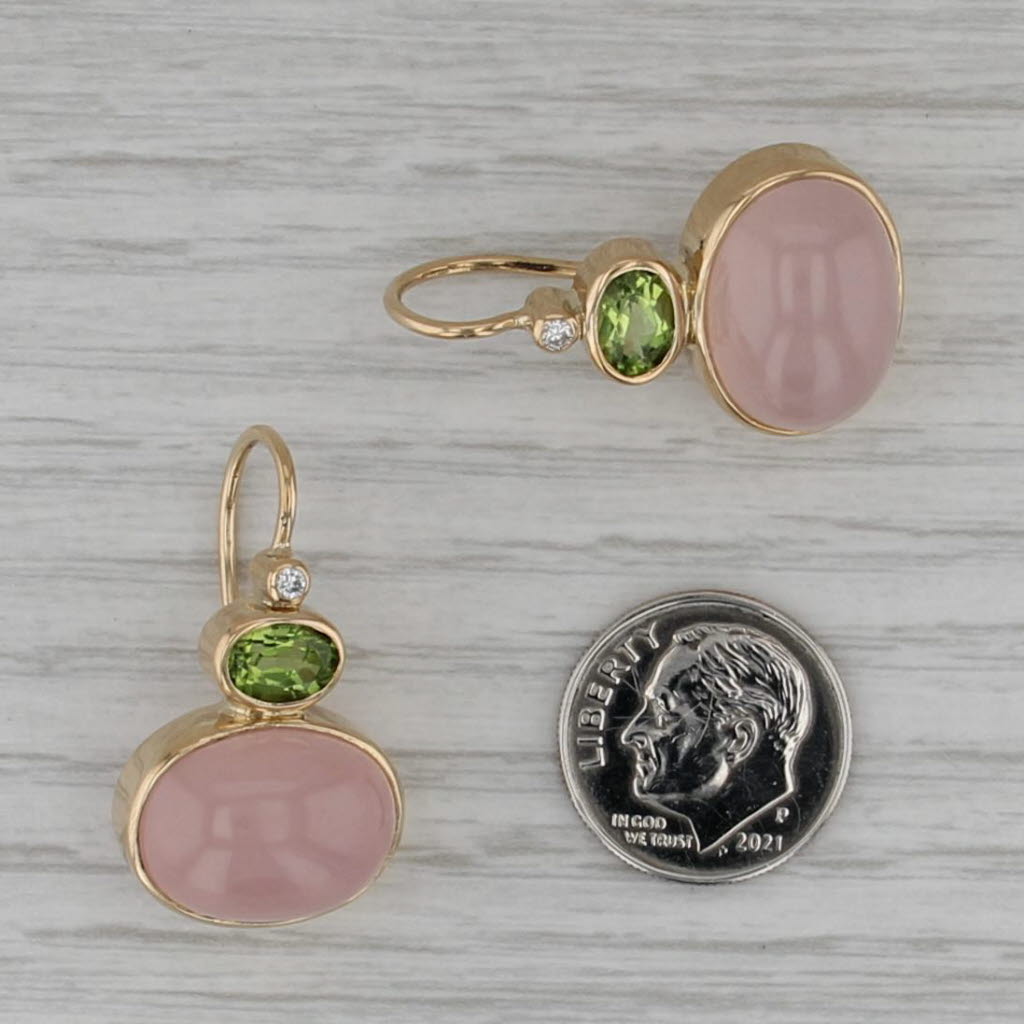 Rose Quartz Peridot Drop Earrings 18k Yellow Gold Hook Posts