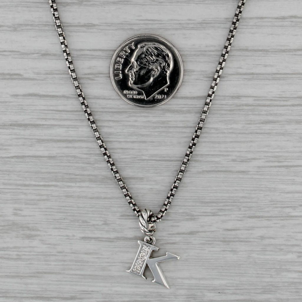 David Yurman Diamond Initial Letter K Pendant Necklace Sterling Silver Box Chain