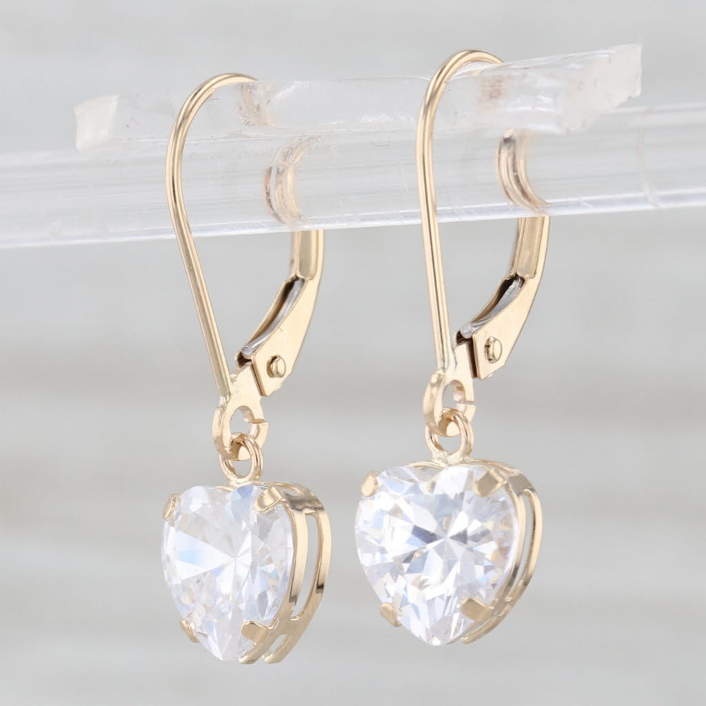 4.20ctw Cubic Zirconia Heart Dangle Earrings 14k Yellow Gold Lever Backs