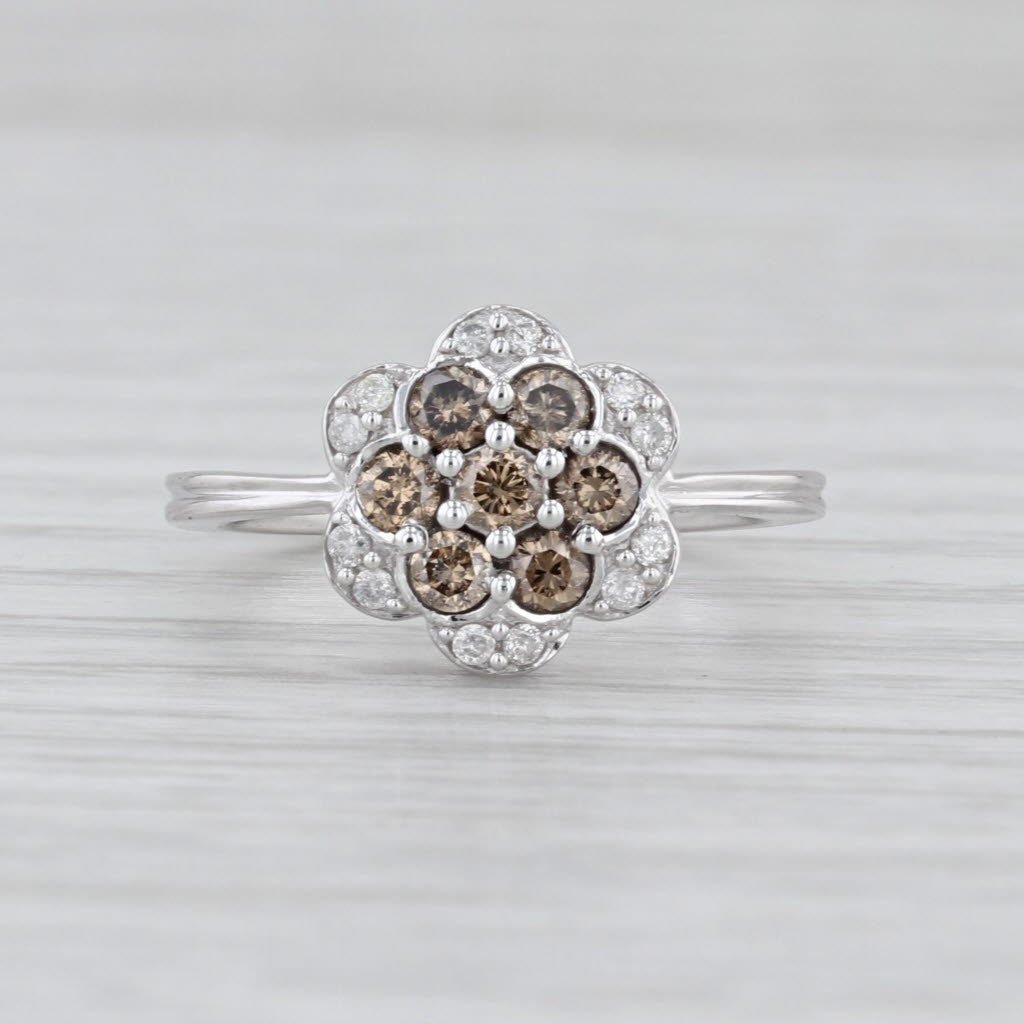 0.40ctw Champagne Diamond Flower Ring 10k Whtie Gold Size 5