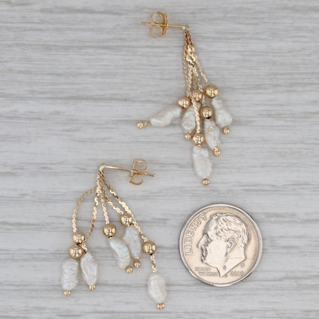 Gray Freshwater Cultured Rice Crispie Pearl Fringe Dangle Earrings 14k Yellow Gold