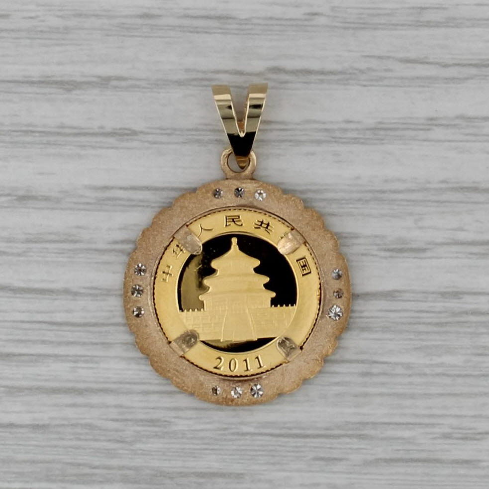 0.20ctw Diamond Chinese Panda Coin Pendant 14k 999 Gold 50 Yuan 2011 1/10oz