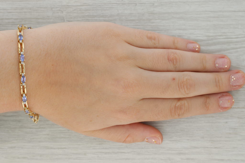 Rosy Brown 3.25ctw Tanzanite Diamond Tennis Bracelet 14k Yellow Gold 7" 4mm