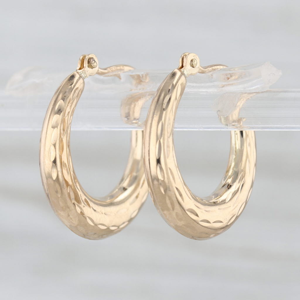 Etched Hoop Earrings 14k Yellow Gold Snap Top Round Hoops