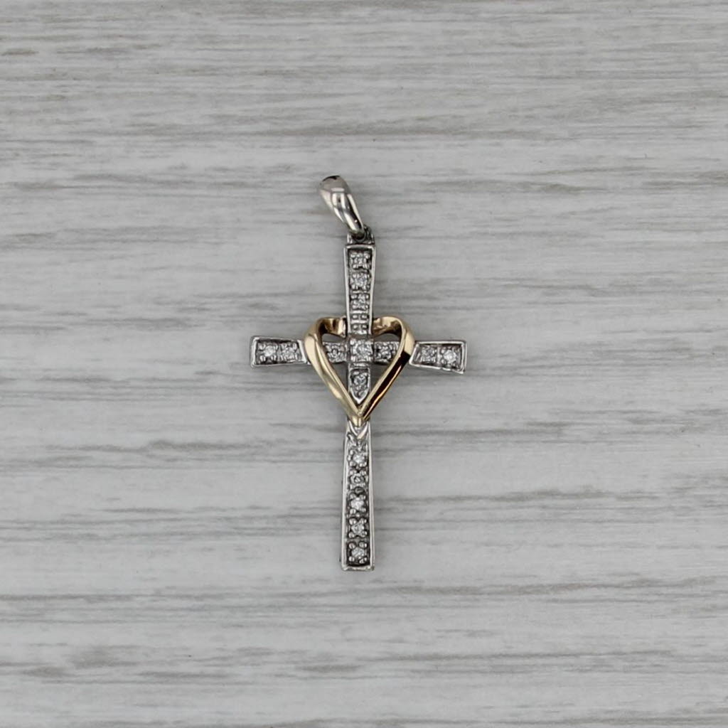 Diamond Heart Cross Pendant Sterling Silver 10k Yellow Gold