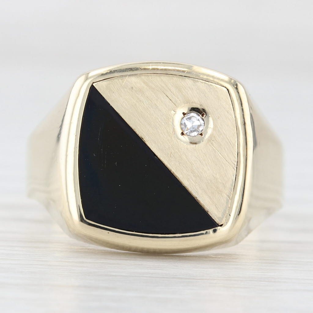 Light Gray Onyx Diamond Signet Ring 10k Yellow Gold Size 12.25 Vintage Men's