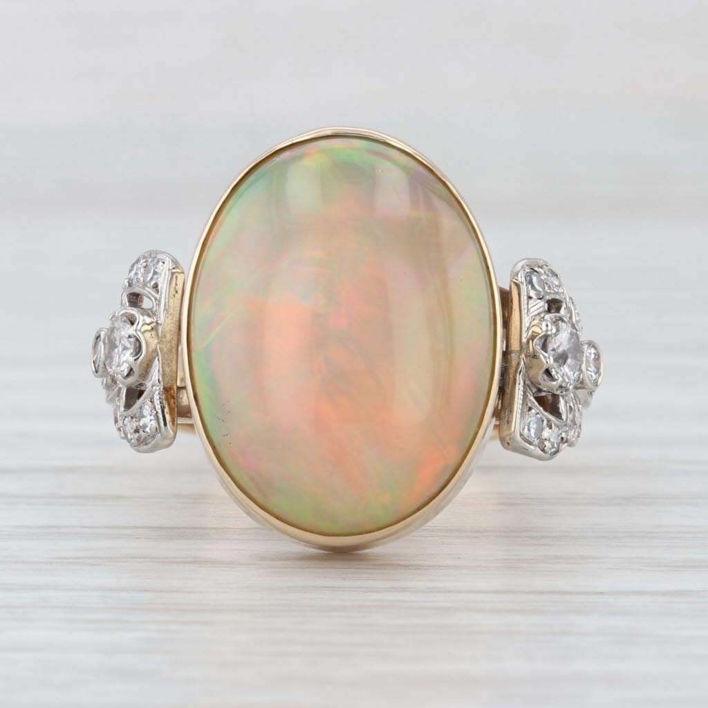 Vintage Opal Cabochon Diamond Ring 14k Yellow Gold Size 8.5 Cocktail