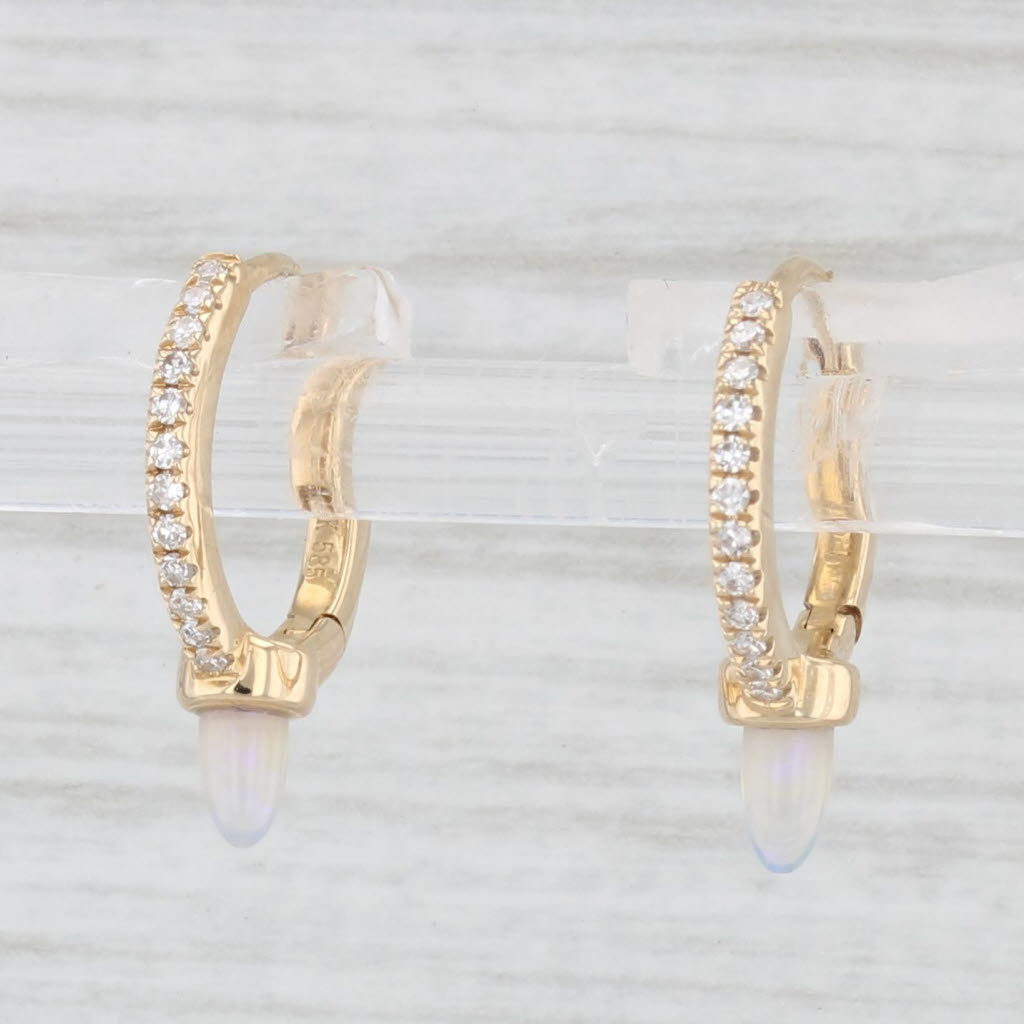 Light Gray New Opal Diamond Hoop Earrings 14k Yellow Gold Huggie Hoops