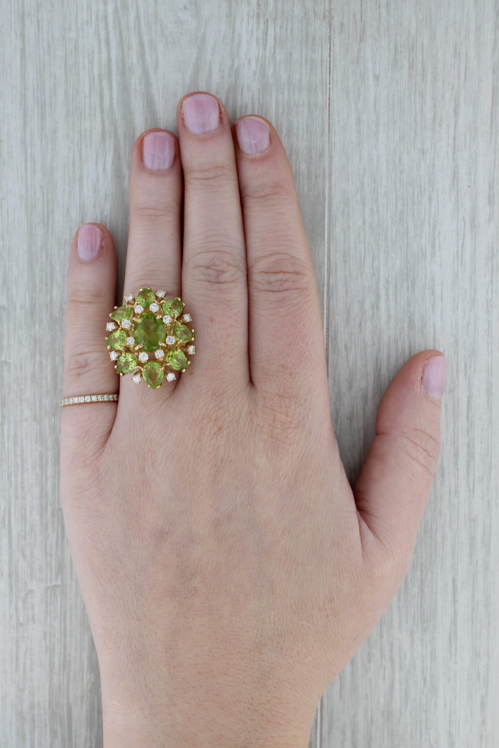Dark Gray 9.79ctw Peridot Diamond Cocktail Ring 18k Yellow Gold Size 5.5