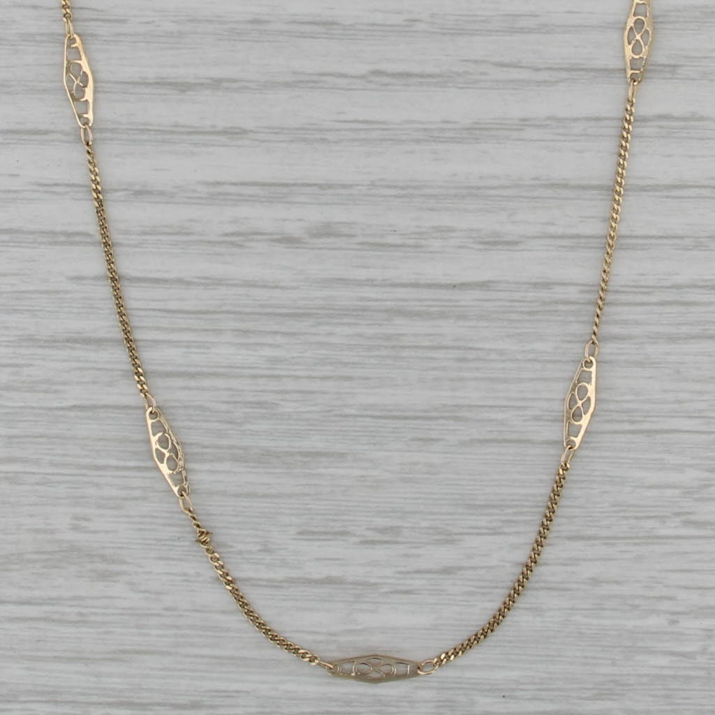Vintage 18" Lace Station Curb Chain Necklace 14k Yellow Gold