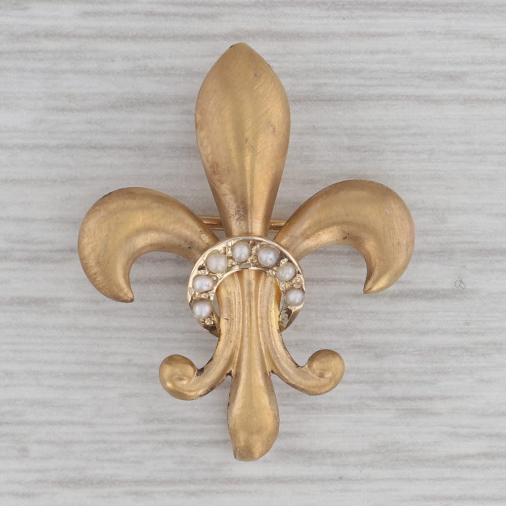 Gray Antique Fleur De Lis Pin 10K Yellow Gold Matte Seed Pearl Brooch