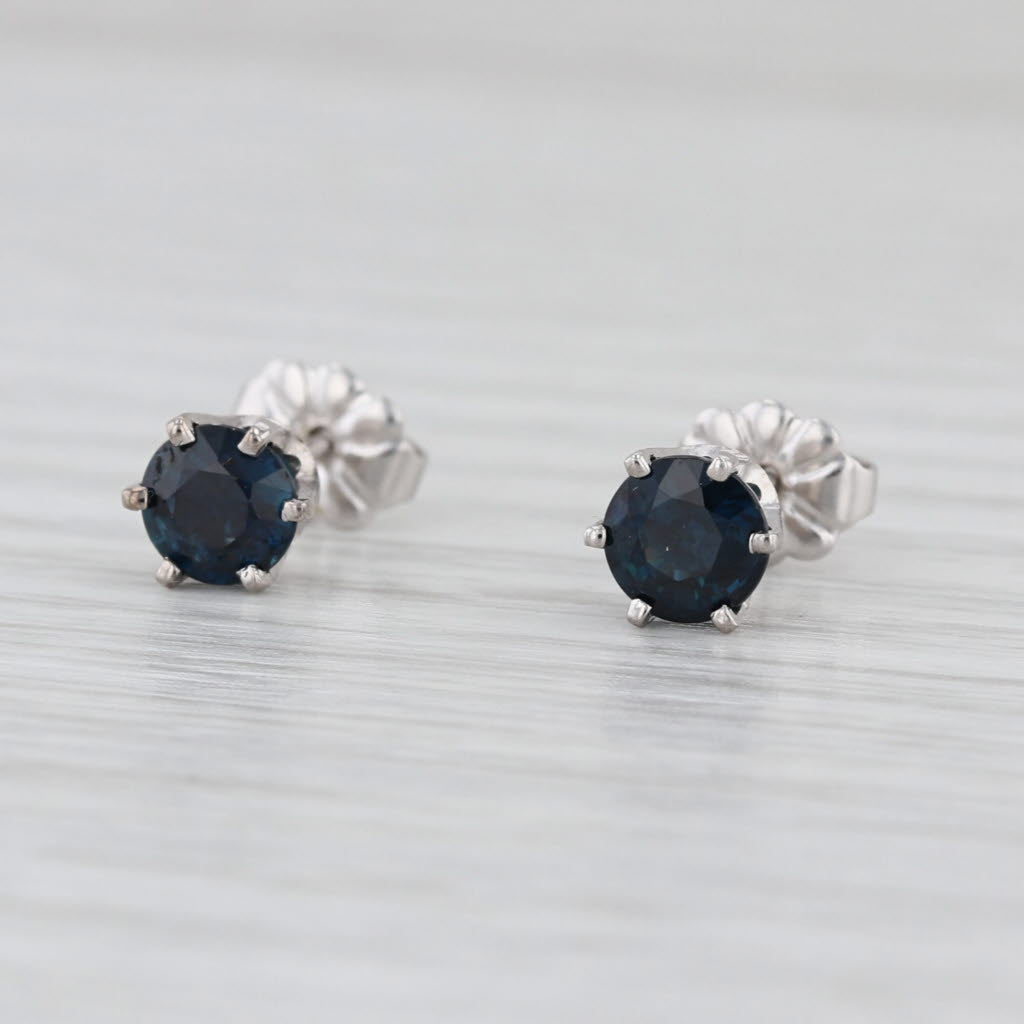 1.38ctw Blue Sapphire Stud Earrings 14k White Gold Round Solitaire Studs