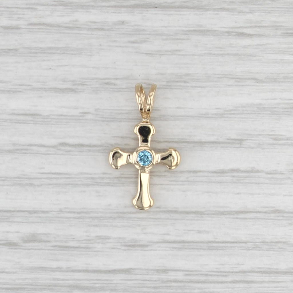 0.10ct Blue Diamond Cross Pendant 14k Yellow Gold Small Drop