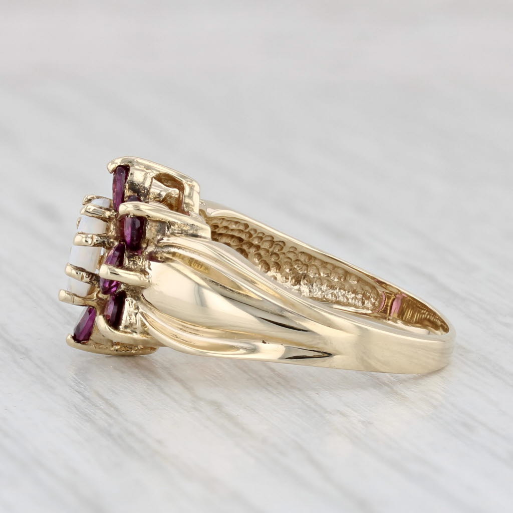 Light Gray Opal Garnet Flower Ring 10k Yellow Gold Size 5.25