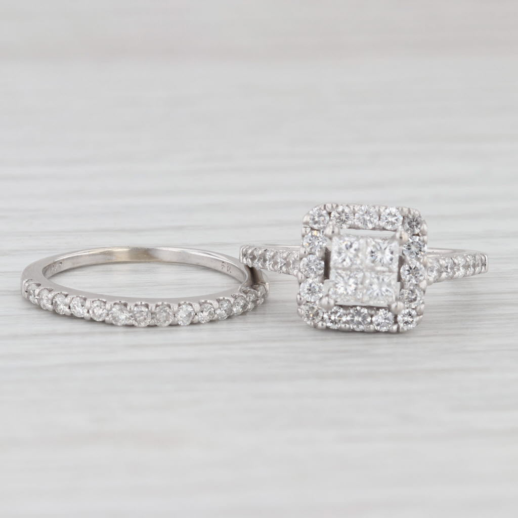 Light Gray 1.20ctw Princess Diamond Halo Engagement Ring Wedding Band Bridal 14k White Gold