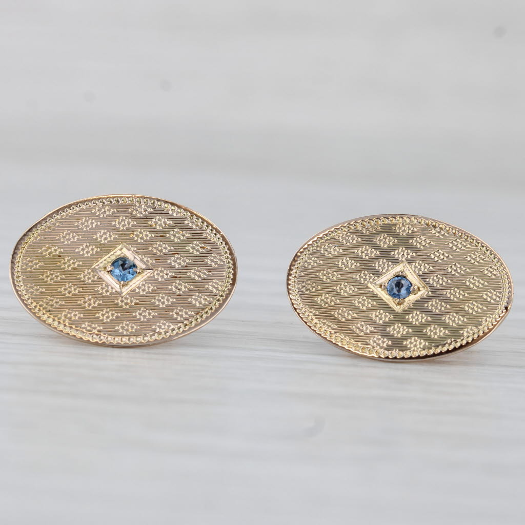 Light Gray Blue Sapphire Oval Cufflinks 14k Yellow Gold Suit Accessories