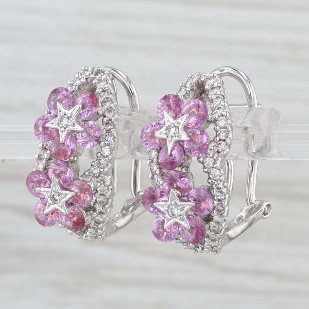 3.74ctw Pink Sapphire Diamond Flower Drop Earrings 18k White Gold Omega Backs