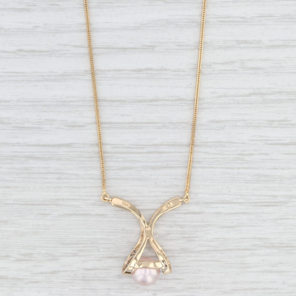 Light Gray Cultured Pearl 0.10ctw Diamond Pendant Necklace 14k Yellow 16.75" Wheat Chain