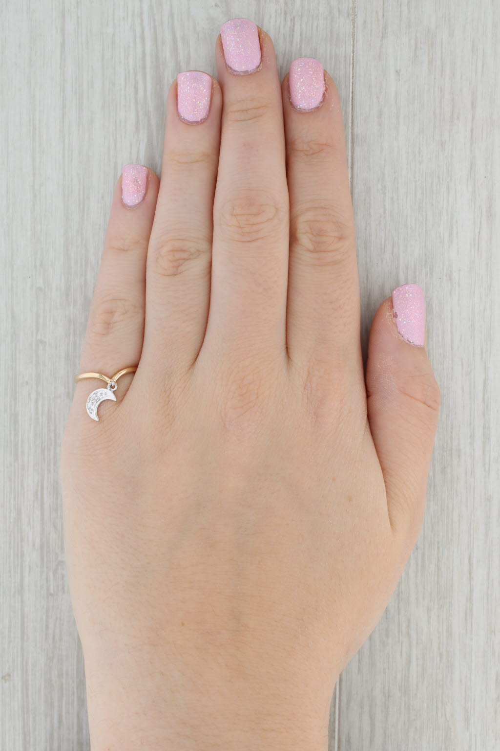Gray Diamond Accented Crescent Moon Charm Ring 14k Yellow White Gold Size 6.5