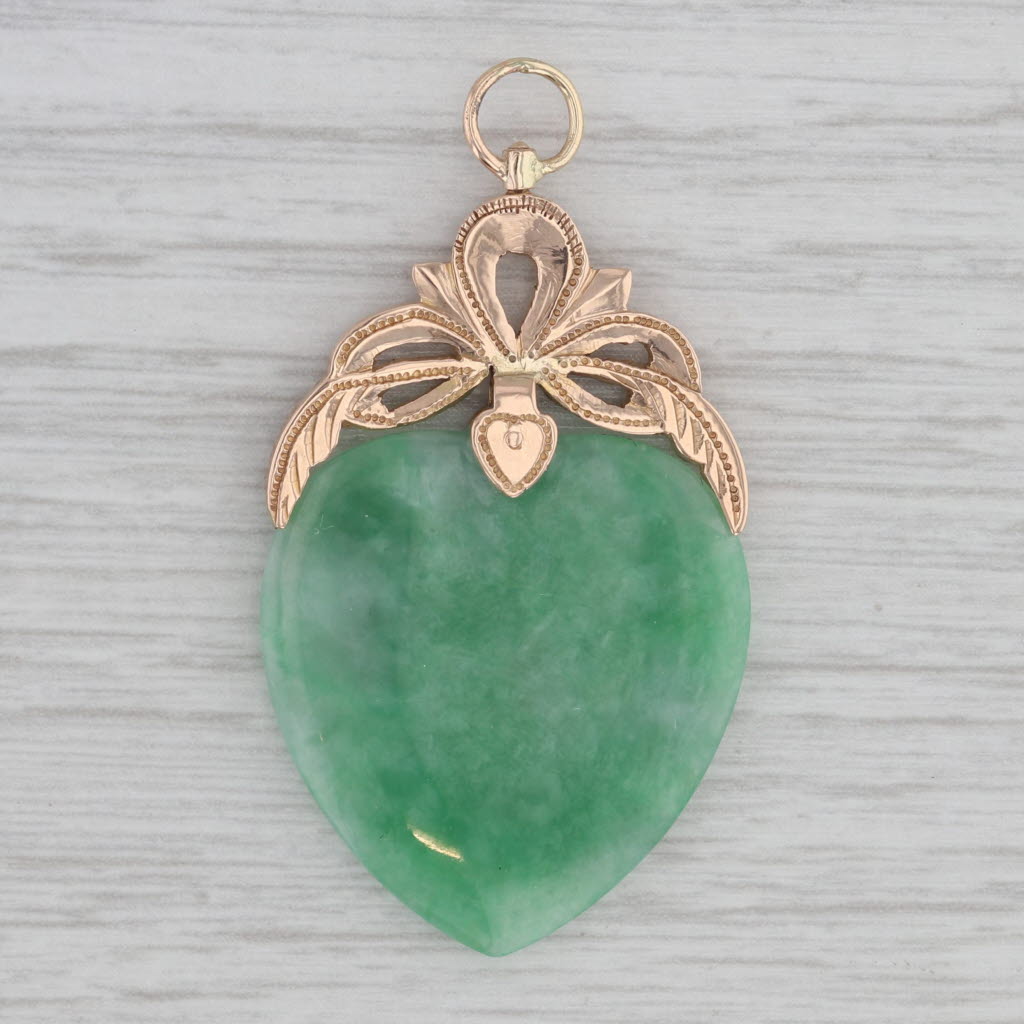 Gray Carved Green Jade Heart Pendant 10k Yellow Gold