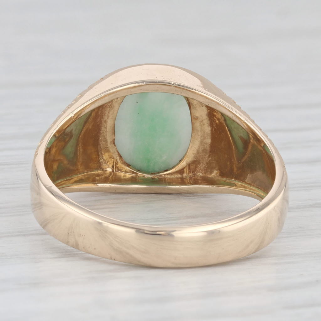 Light Gray Green Jadeite Jade Solitaire Ring 14k Yellow Gold Size 9-9.25 Woodgrain Band