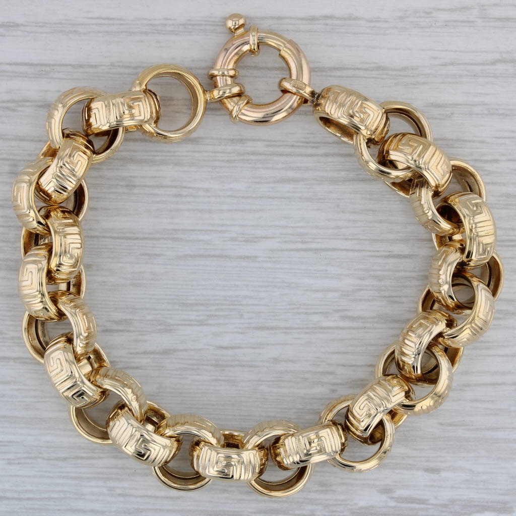 Dark Gray Greek Key Pattern Cable Chain Bracelet 14k Yellow Gold 8" 12.3mm