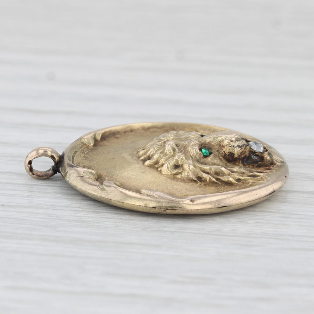 Light Gray Antique Lion Pendant Medallion 10k Yellow Gold Diamond Engraved Charm