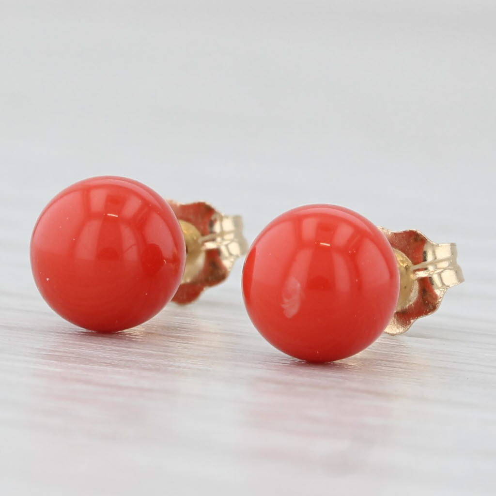 Light Gray 6mm Red Resin Bead Stud Earrings 14k Yellow Gold