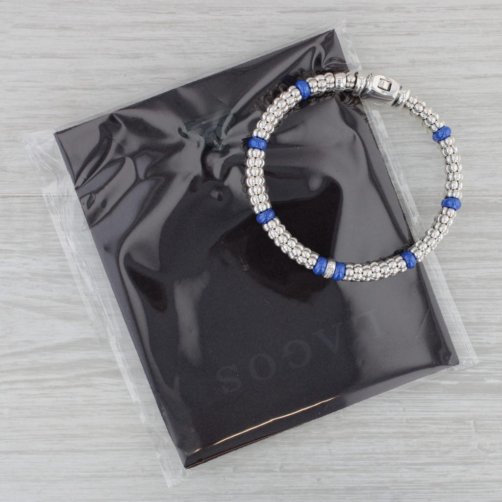 Gray Lagos Bead Bracelet 0.10ctw Diamond Sterling Silver Blue Ceramic 6.75" w/ Bag