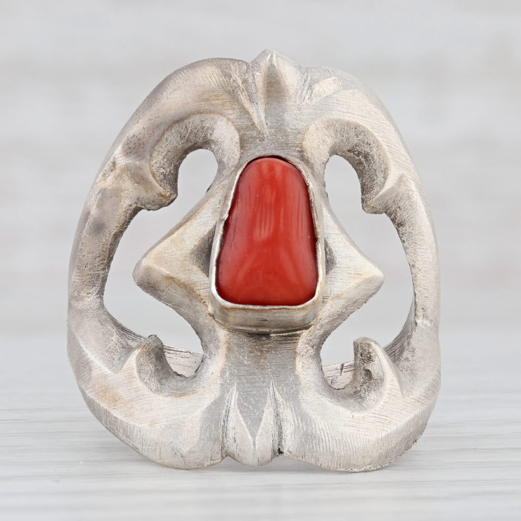 Light Gray Chimney Butte Coral Ring Sand Cast Sterling Silver Native American Navajo