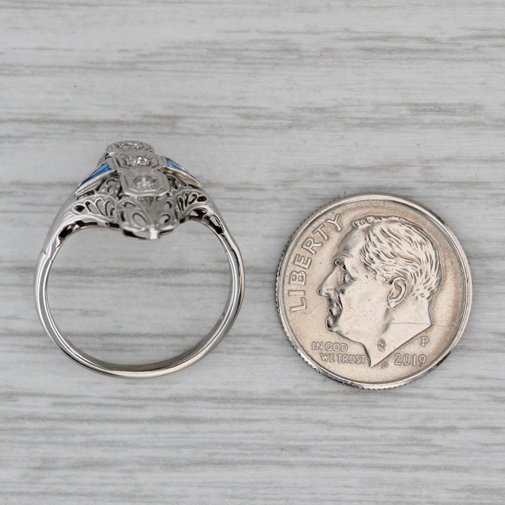 Gray Diamond Lab Created Sapphire Art Deco Ring 14k White Gold Filigree Size 5.75