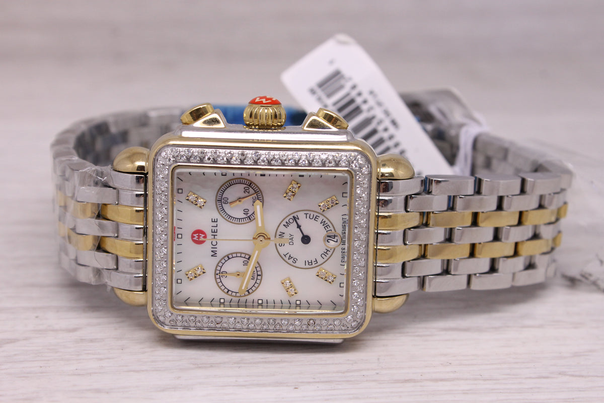 Michele Deco 2 Tone Ladies Quartz Chronograph Watch MOP Diamond Dial Bezel MINT