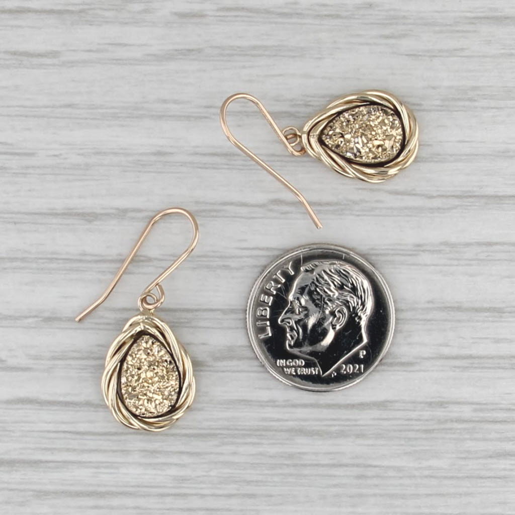 Druzy Quartz Chalcedony Doublet Dangle Earrings 14k Yellow Gold Hook Post Drops