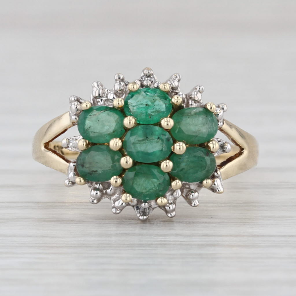 1.14ctw Emerald Diamond Cluster Ring 10k Yellow Gold Size 7 Cocktail