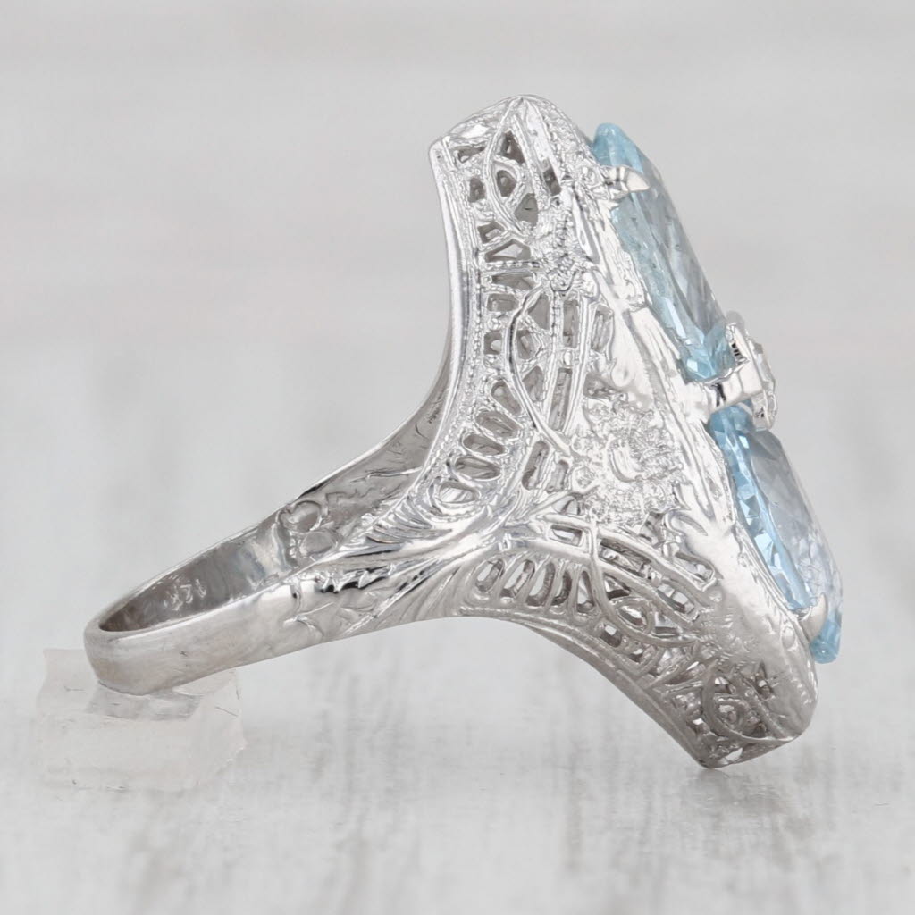 Light Gray Vintage 1.61ctw Aquamarine Diamond Art Deco Filigree Ring 14k White Gold Size 4