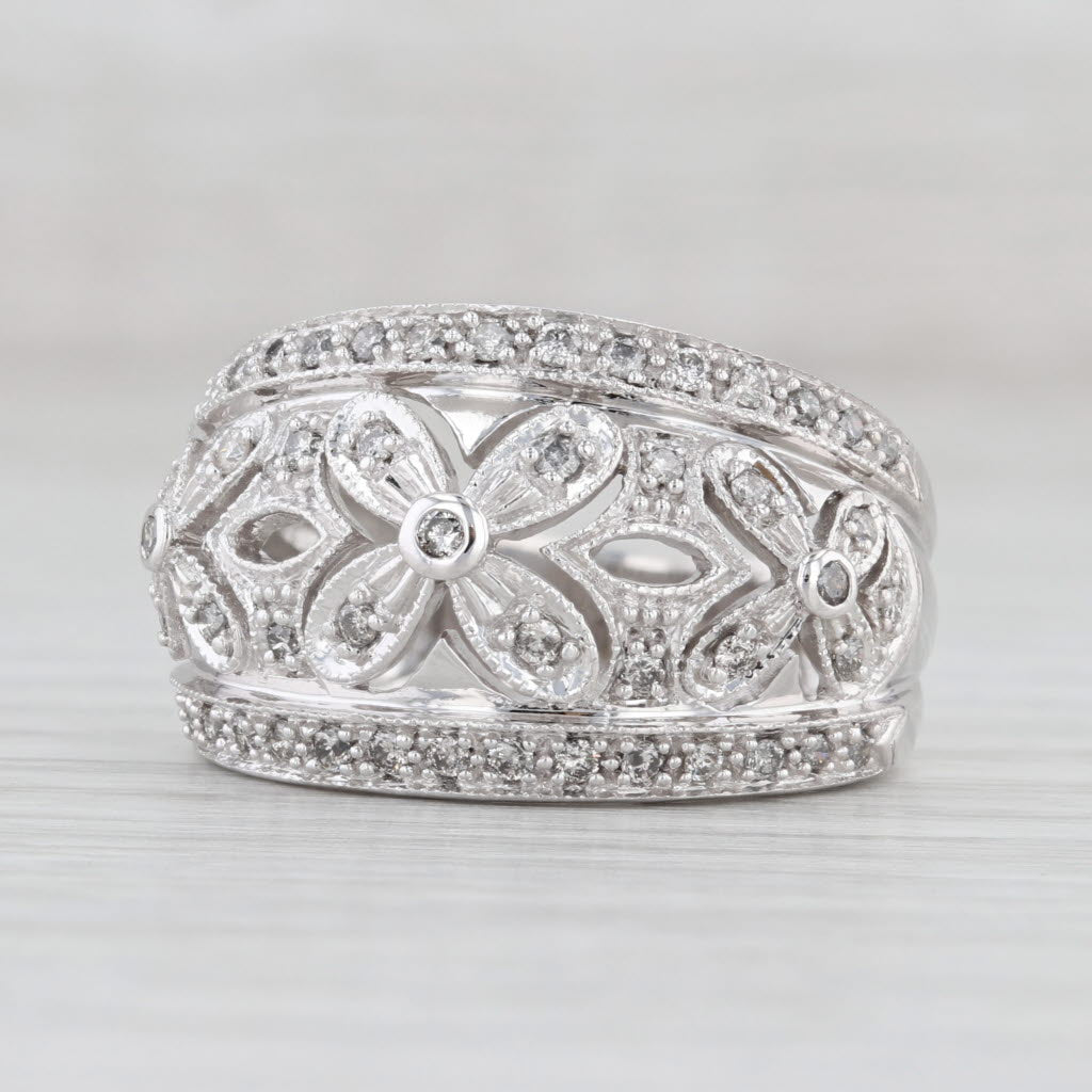 Light Gray 0.50ctw Diamond Flower Ring 14k White Gold Size 7.5 Cocktail Openwork