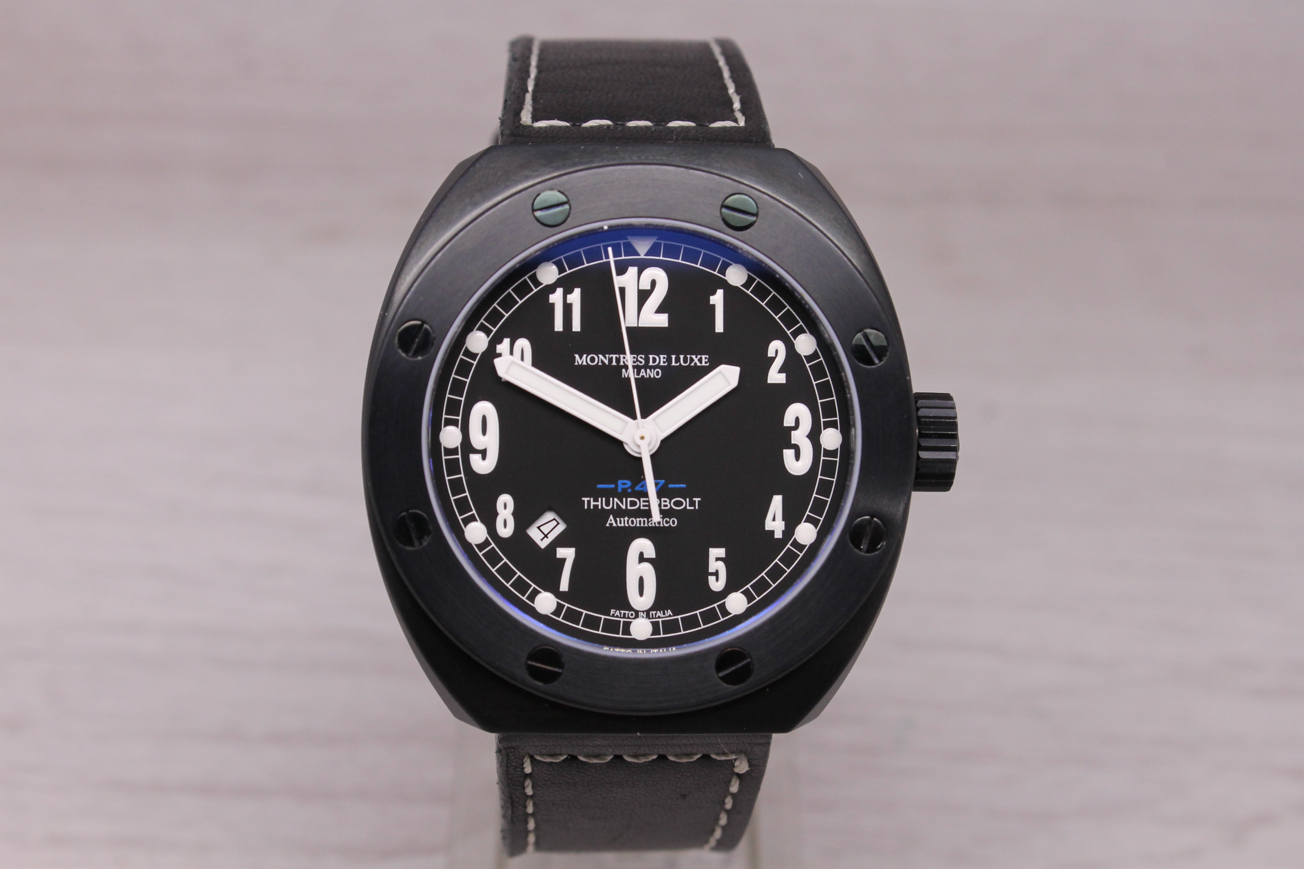 Montres Milano P47 Thunderbolt 43mm Black PVD Steel Automatic Watch w Box Italy