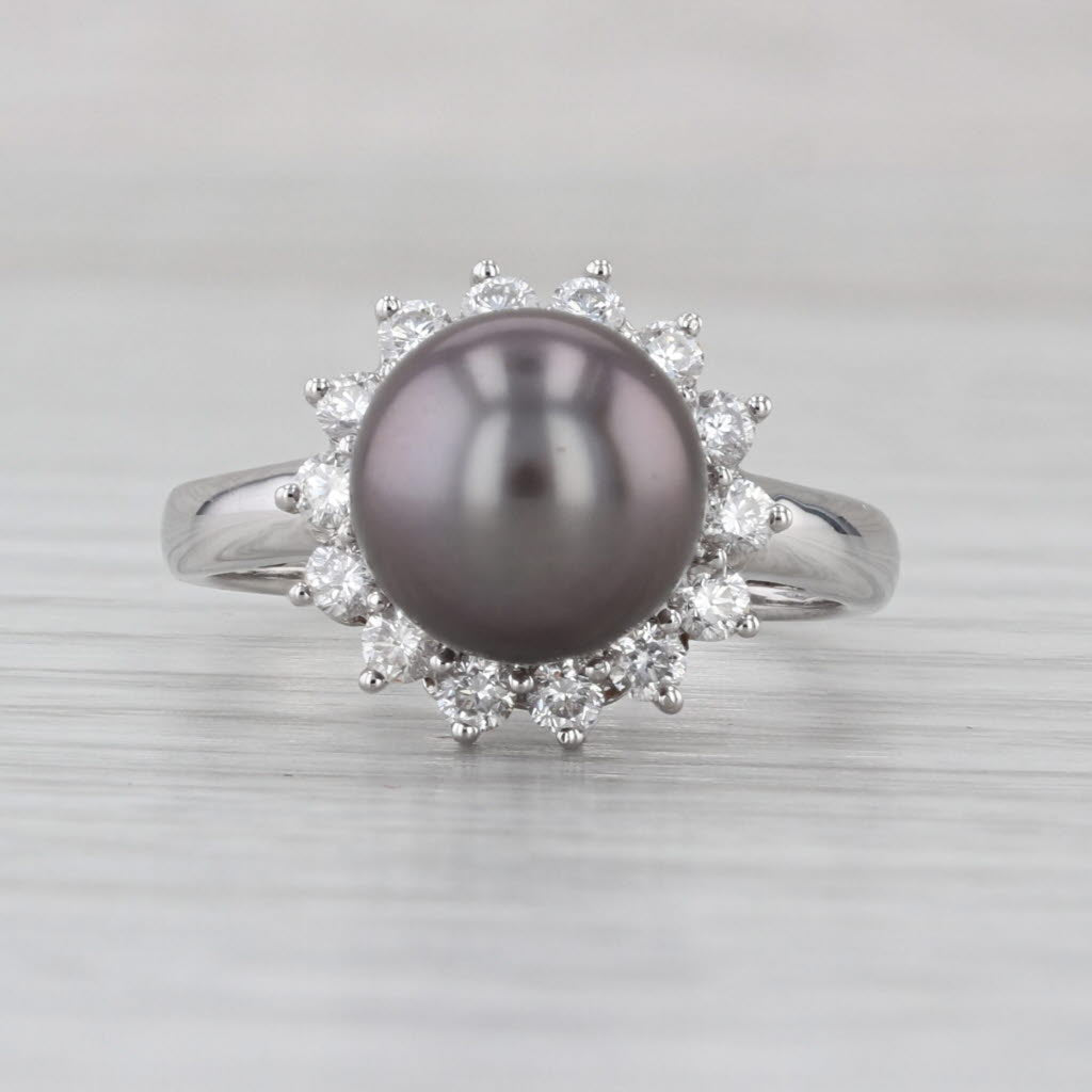 9.4mm Cultured Black Pearl 0.40ctw Diamond Halo Ring 18k White Gold Size 7