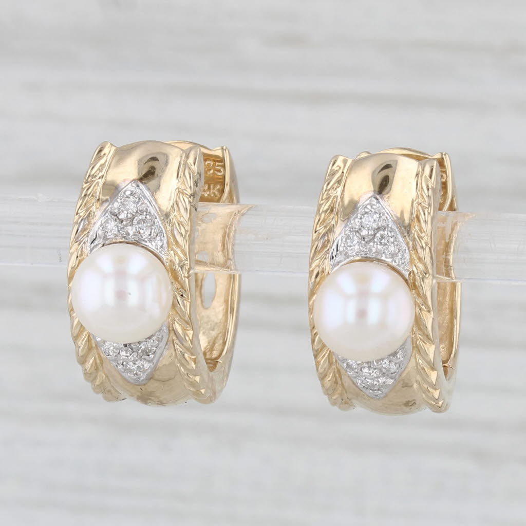 Light Gray Cultured Pearl Diamond Hoop Huggie Earrings 14k Yellow Gold Snap Top Hoops