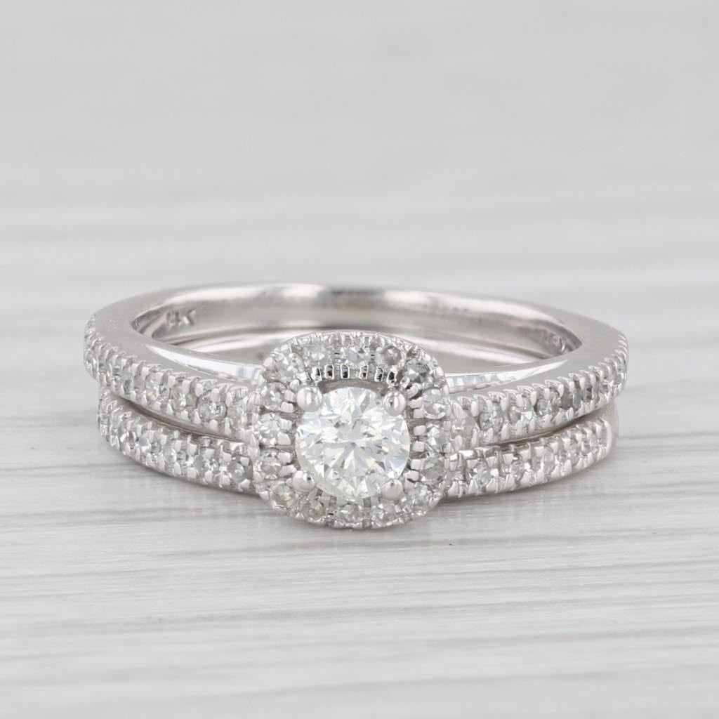 Light Gray 0.32ctw Round Diamond Halo Engagement Ring Wedding Band Set 14k White Gold