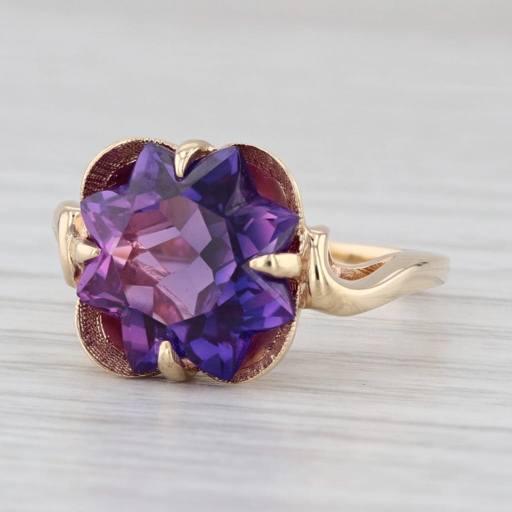 6.40ct Lab Created Purple Sapphire Solitaire Star Ring 14k Yellow Gold Size 6.75