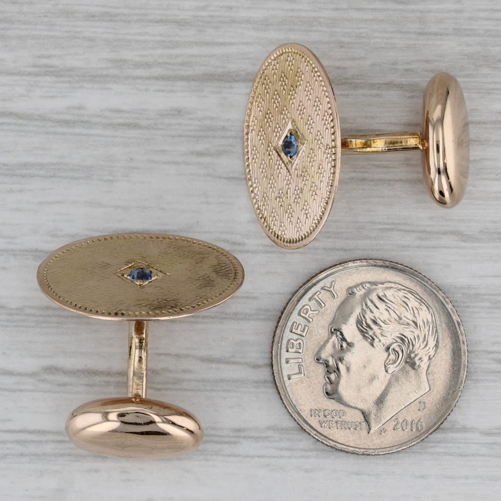Dark Gray Blue Sapphire Oval Cufflinks 14k Yellow Gold Suit Accessories