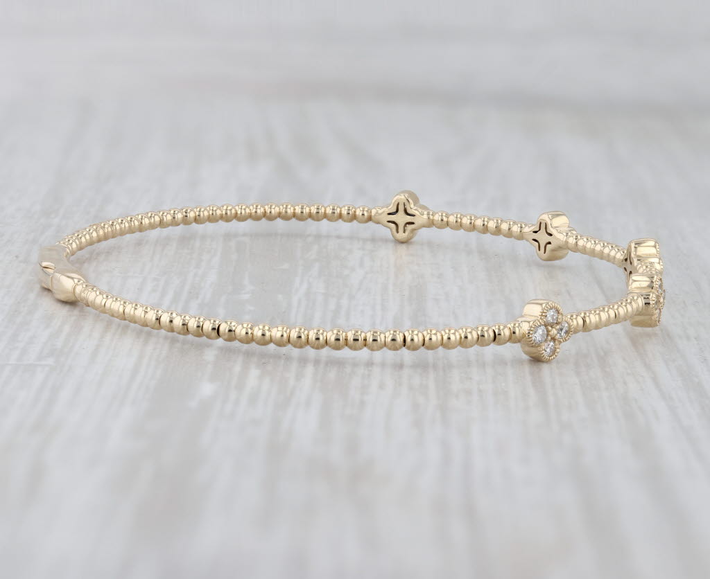 Gray New 0.35ctw Diamond Flowers Flexible Bead Bangle Bracelet 14k Yellow Gold 6.75"