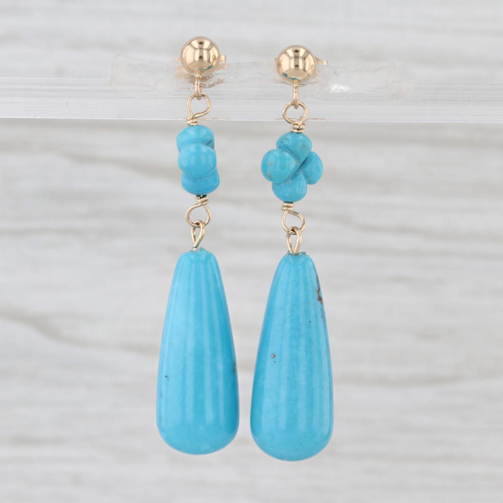 Turquoise Teardrop Flower Dangle Earrings 14k Yellow Gold Drops