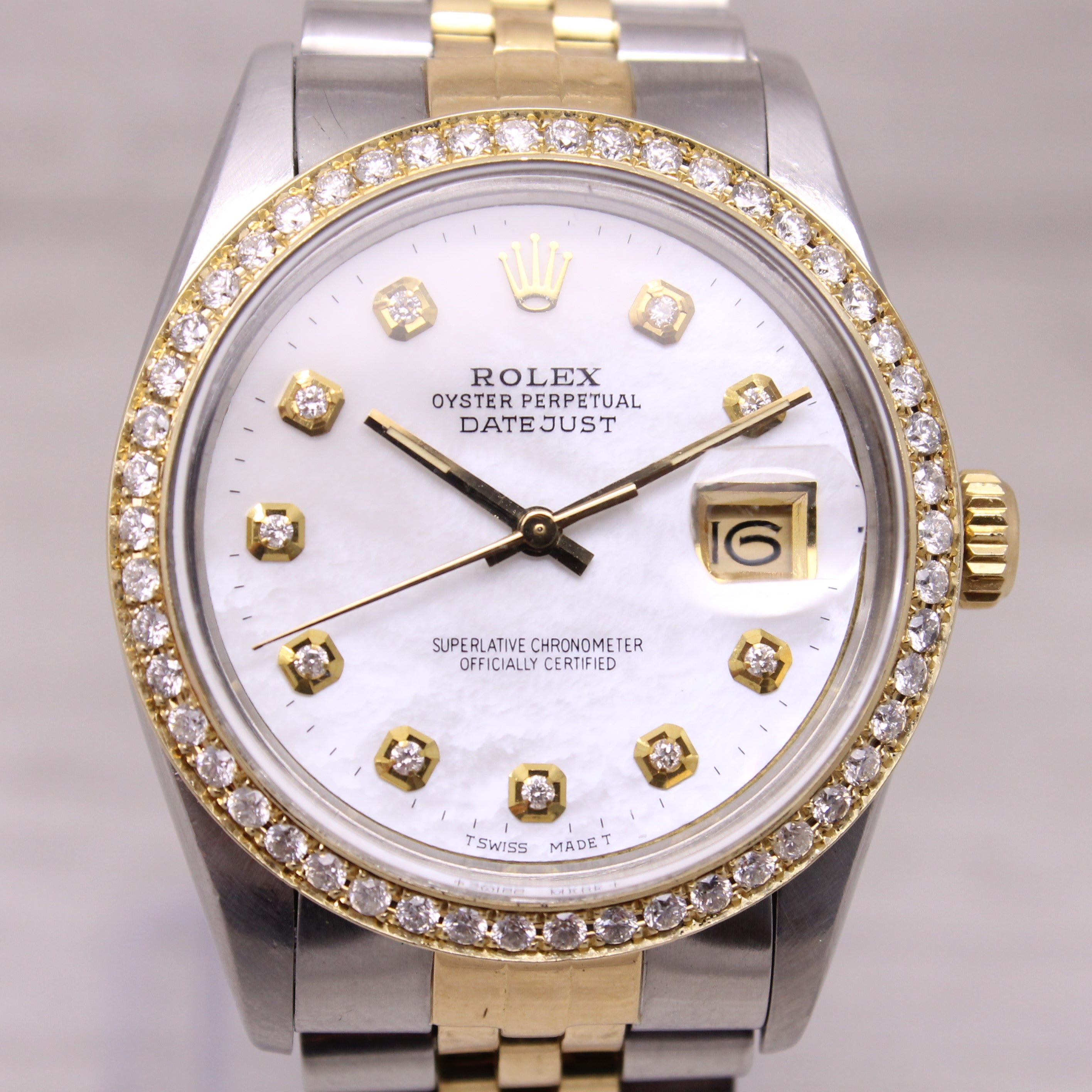 Vintage 1984 Rolex Datejust 16013 Mens Steel 18k Watch Diamond Bezel & MOP Dial