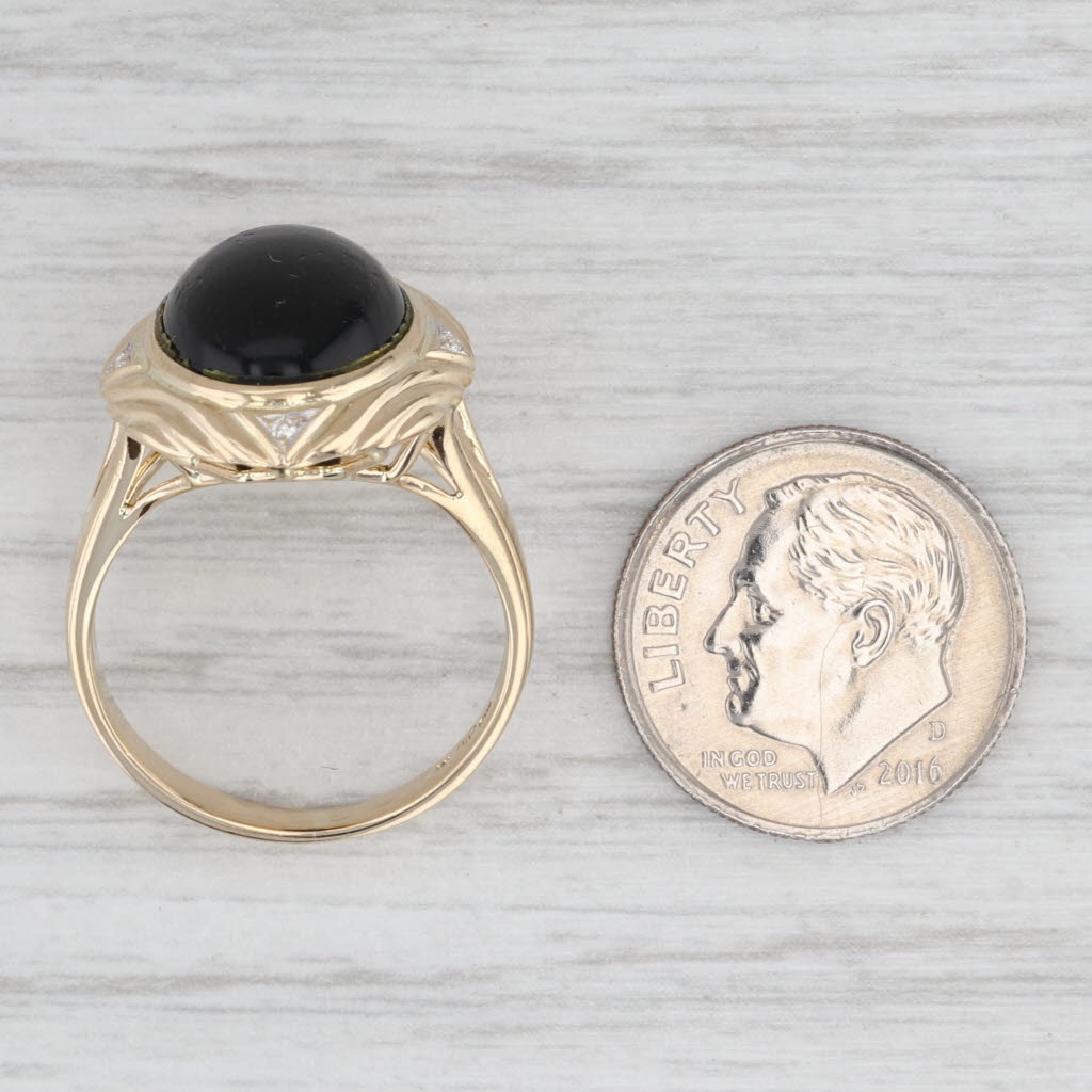 Light Gray Devitrified Glass Oval Cabochon Solitaire Ring 14k Yellow Gold Diamond Accents