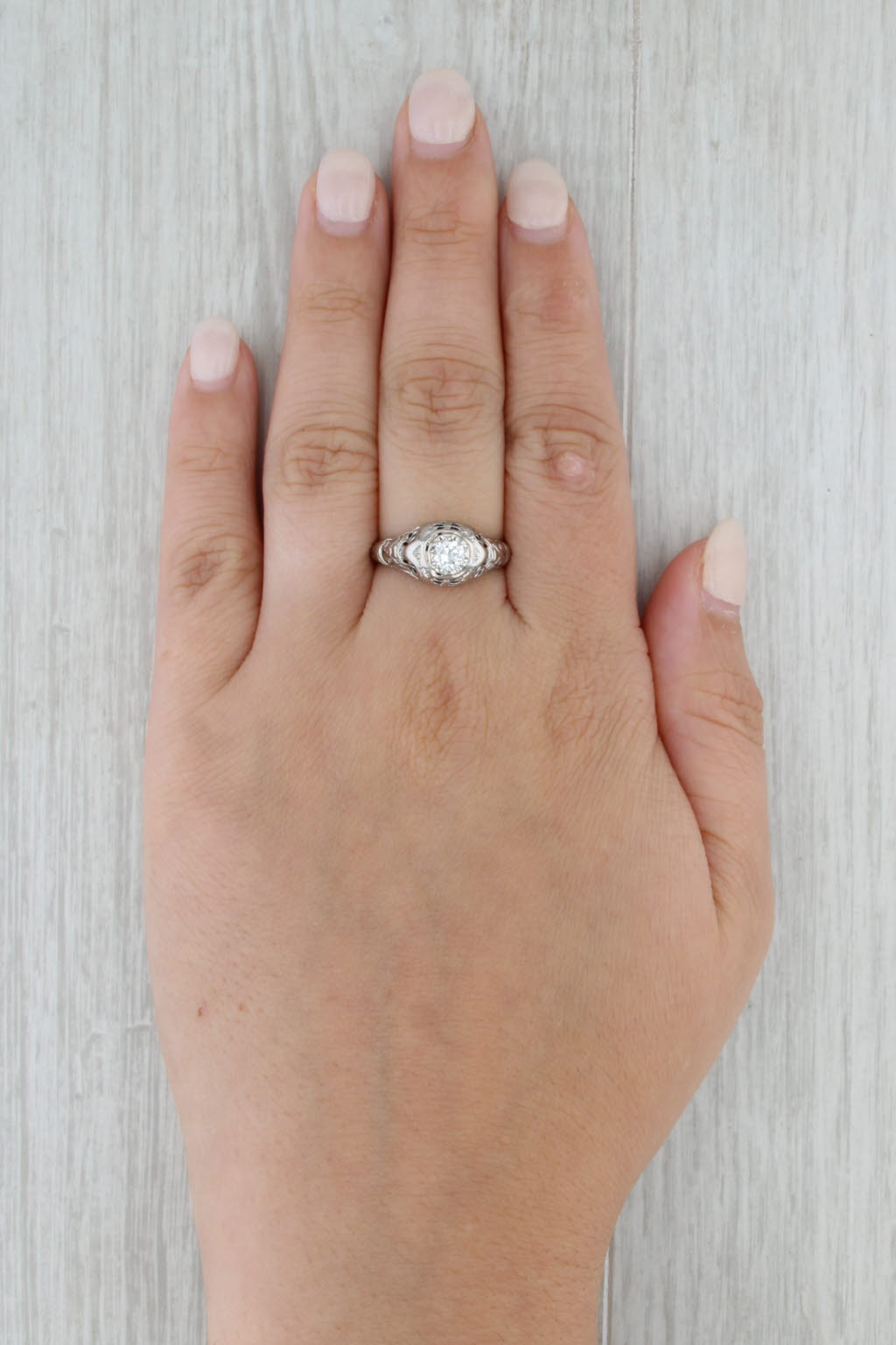 Art Deco 0.36ct Diamond Solitaire Engagement Ring 18k White Gold Filigree